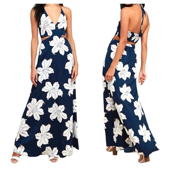 Lulus Bianca Navy Floral Print Backless Halter Spring Cottage Maxi Dress Medium - Picture 1 of 8